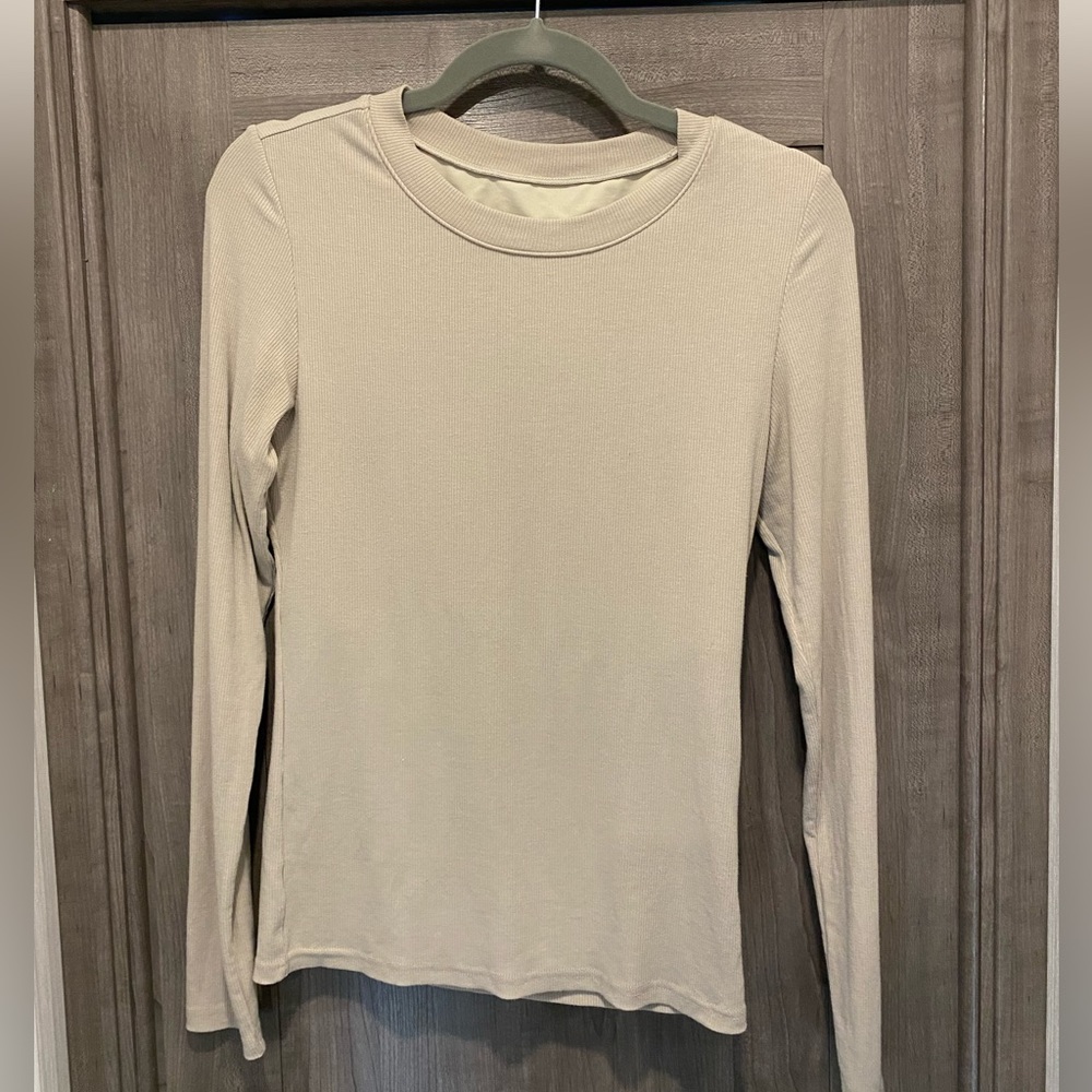 Tan long sleeved crew neck shirt with built in bra